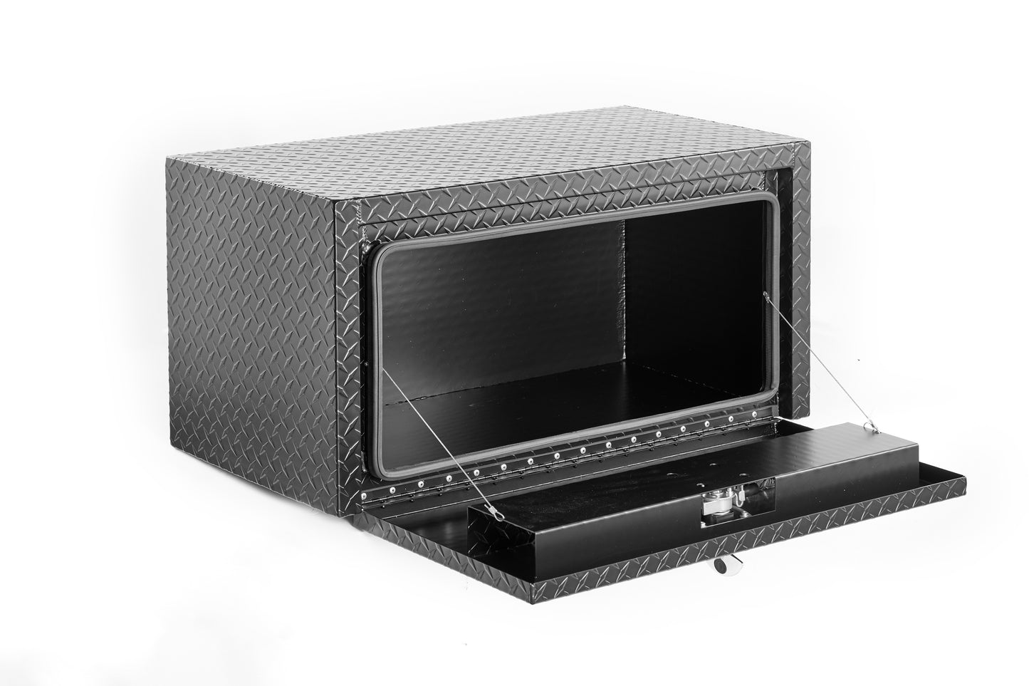 36 Inch Aluminum Underbody Truck Tool Box Heavy Duty Underbed Toolbox Tool Storage Organizer Chest With Lock And Keys, Waterproof Trailer Box, Extra Thick Diamond Thread Plate Matte Black Finish