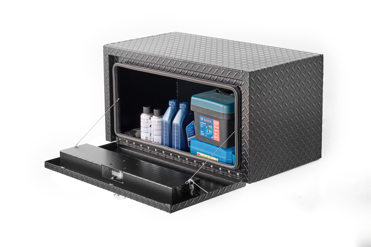 36 Inch Aluminum Underbody Truck Tool Box Heavy Duty Underbed Toolbox Tool Storage Organizer Chest With Lock And Keys, Waterproof Trailer Box, Extra Thick Diamond Thread Plate Matte Black Finish