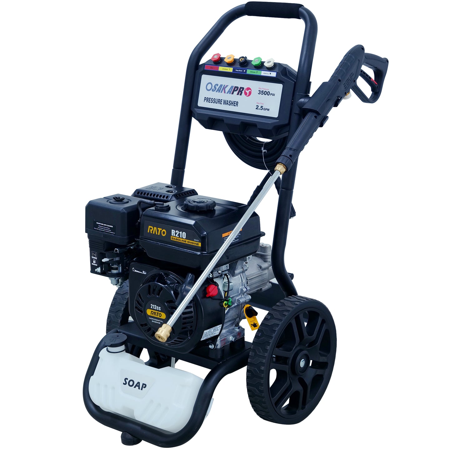 US Stock 3500PSI Gas Pressure Washer, 2.5GPM Gas Powered High Pressure Washer with 212CC RATO Engine, 5PCS Adjustable Nozzles, Onboard Soap Tank, Spray Gun and Wand, Multi use. Black Color
