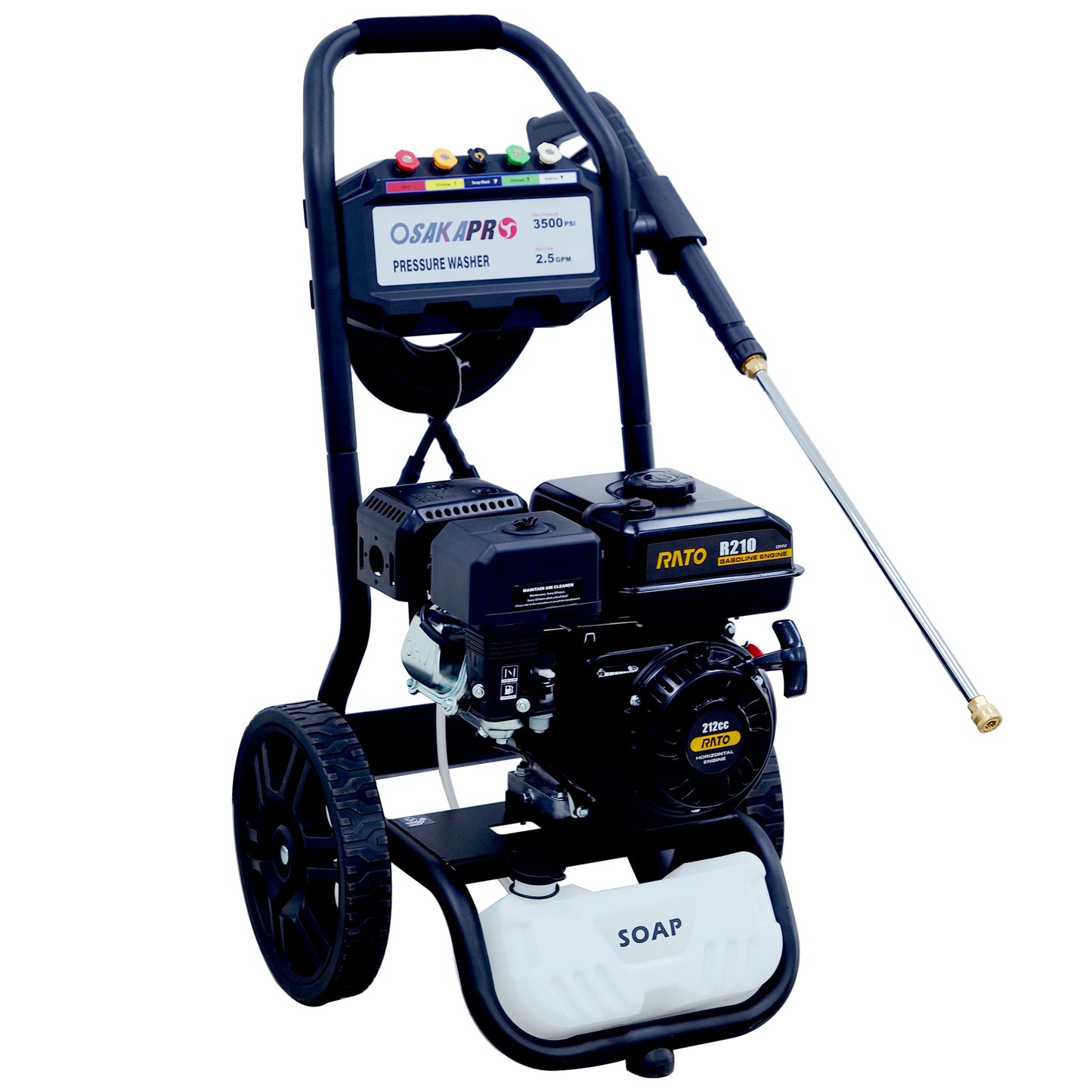 US Stock 3500PSI Gas Pressure Washer, 2.5GPM Gas Powered High Pressure Washer with 212CC RATO Engine, 5PCS Adjustable Nozzles, Onboard Soap Tank, Spray Gun and Wand, Multi use. Black Color