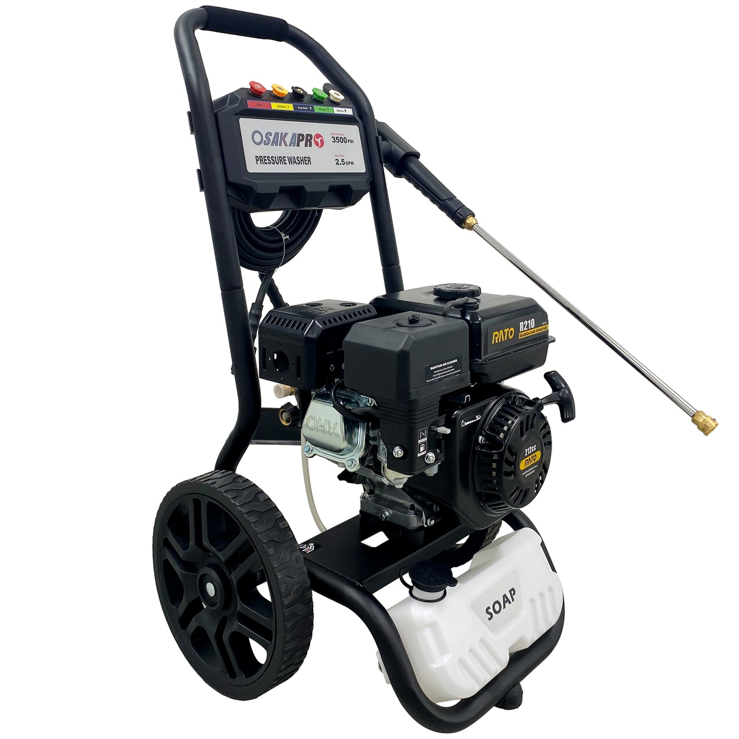 US Stock 3500PSI Gas Pressure Washer, 2.5GPM Gas Powered High Pressure Washer with 212CC RATO Engine, 5PCS Adjustable Nozzles, Onboard Soap Tank, Spray Gun and Wand, Multi use. Black Color