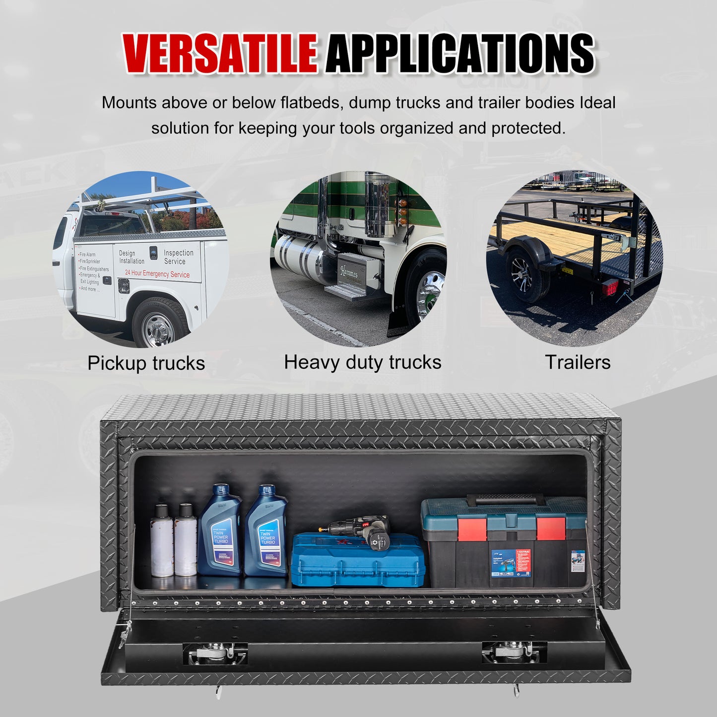 48 Inch Aluminum Underbody Truck Tool Box Heavy Duty Underbed Toolbox Tool Storage Organizer Chest With Lock And Keys, Waterproof Trailer Box, Extra Thick Diamond Thread Plate Matte Black Finish