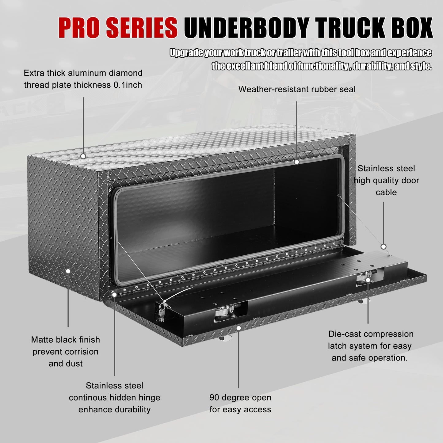48 Inch Aluminum Underbody Truck Tool Box Heavy Duty Underbed Toolbox Tool Storage Organizer Chest With Lock And Keys, Waterproof Trailer Box, Extra Thick Diamond Thread Plate Matte Black Finish