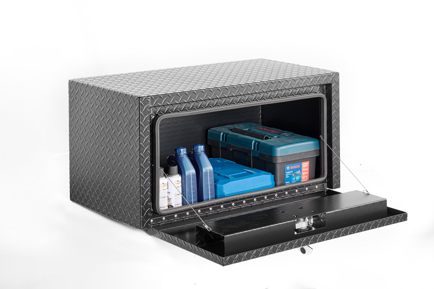 36 Inch Aluminum Underbody Truck Tool Box Heavy Duty Underbed Toolbox Tool Storage Organizer Chest With Lock And Keys, Waterproof Trailer Box, Extra Thick Diamond Thread Plate Matte Black Finish