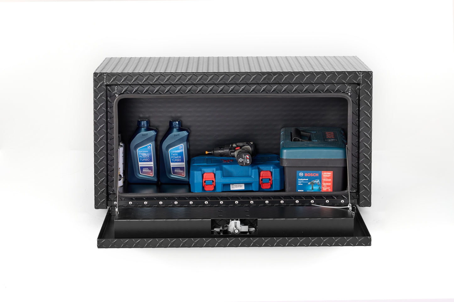36 Inch Aluminum Underbody Truck Tool Box Heavy Duty Underbed Toolbox Tool Storage Organizer Chest With Lock And Keys, Waterproof Trailer Box, Extra Thick Diamond Thread Plate Matte Black Finish