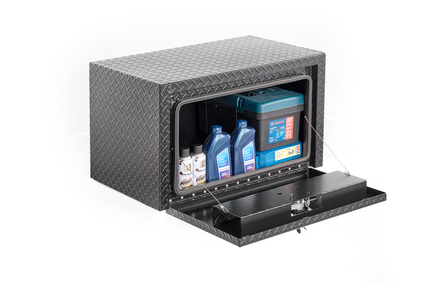 30 Inch Aluminum Underbody Truck Tool Box Heavy Duty Underbed Toolbox Tool Storage Organizer Chest With Lock And Keys, Waterproof Trailer Box, Extra Thick Diamond Thread Plate Matte Black Finish