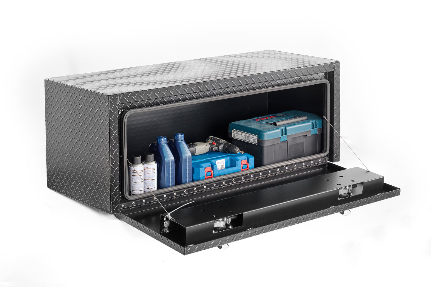 48 Inch Aluminum Underbody Truck Tool Box Heavy Duty Underbed Toolbox Tool Storage Organizer Chest With Lock And Keys, Waterproof Trailer Box, Extra Thick Diamond Thread Plate Matte Black Finish
