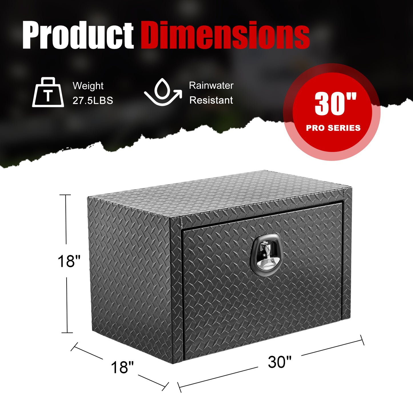30 Inch Aluminum Underbody Truck Tool Box Heavy Duty Underbed Toolbox Tool Storage Organizer Chest With Lock And Keys, Waterproof Trailer Box, Extra Thick Diamond Thread Plate Matte Black Finish