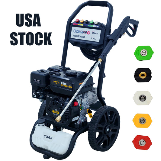 US Stock 3500PSI Gas Pressure Washer, 2.5GPM Gas Powered High Pressure Washer with 212CC RATO Engine, 5PCS Adjustable Nozzles, Onboard Soap Tank, Spray Gun and Wand, Multi use. Black Color
