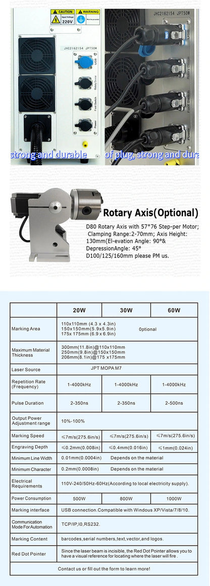 30W JPT LP+ Fiber Lasesr Engraver 175x175mm Marking Area Fiber Laser Marking Machine for Metal & Jewelry with D80 Rotary Axis