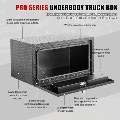 36 Inch Aluminum Underbody Truck Tool Box Heavy Duty Underbed Toolbox Tool Storage Organizer Chest With Lock And Keys, Waterproof Trailer Box, Extra Thick Diamond Thread Plate Matte Black Finish